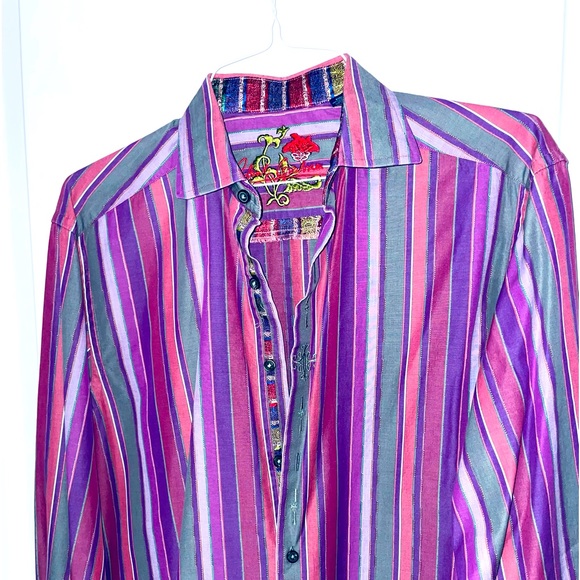 ROBERT GRAHAM shirt L striped with contrasting cuffs $228 navy men's